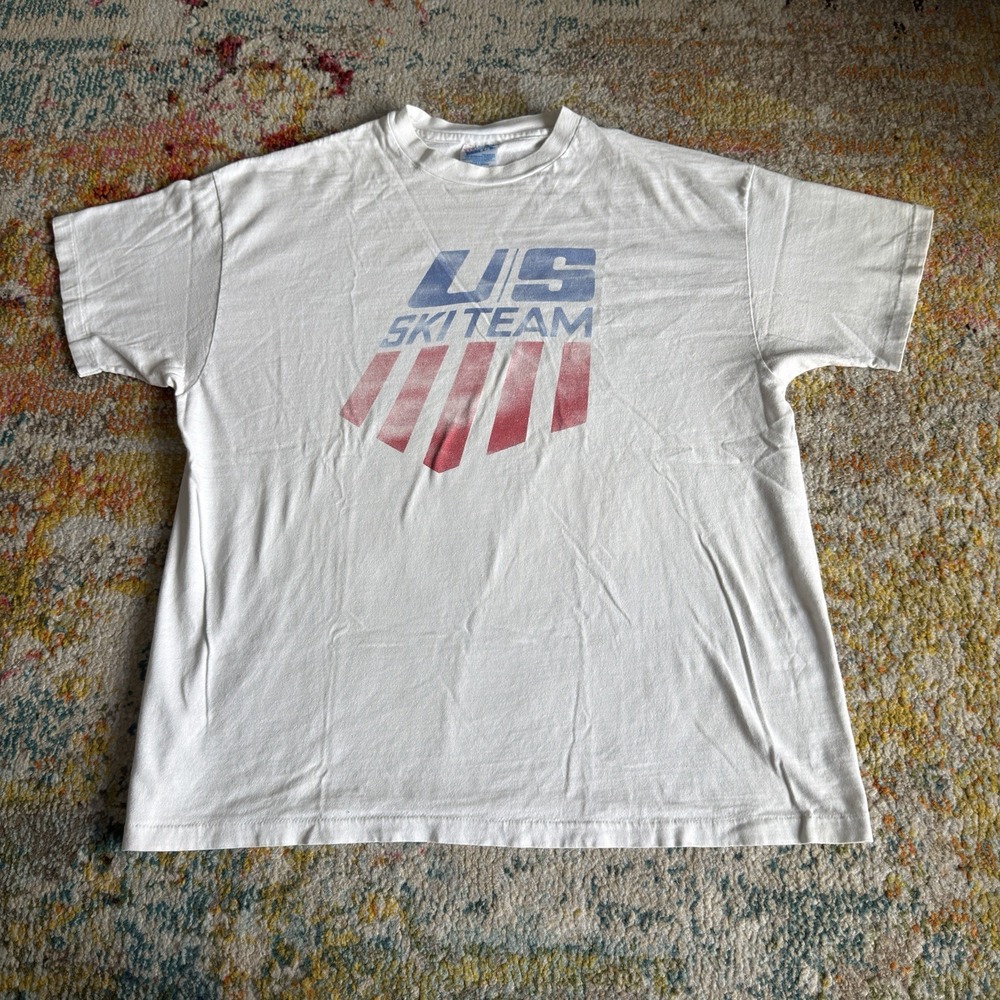 Vintage 90s US Ski Team Graphic T-Shirt XL White Hanes Beefy-T USA Made